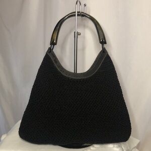 EGO black crochet hobo style handbag. Wooden handles.
